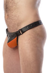 Model wearing a black leather thong with an orange shadow codpiece. Matt black hardware. Side view.