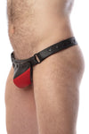 Model wearing a black leather thong with a red shadow codpiece. Matt black hardware. Side view.