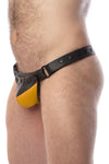 Model wearing a black leather thong with a yellow shadow codpiece. Matt black hardware. Side view.