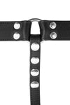 Product photo of a black leather and stainless steel thong. Back view.