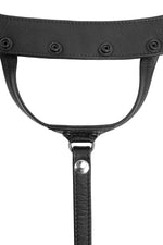 Product photo of a black leather and stainless steel thong. Front view.