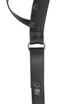 Product photo of a black leather and stainless steel thong lining.