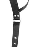 Product photo of a black leather and stainless steel thong. Side view.