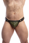 Model wearing a black leather thong with an army green codpiece. Matt black hardware. Front view.
