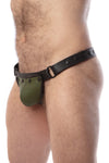 Model wearing a black leather thong with an army green codpiece. Matt black hardware. Side view.