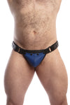 Model wearing a black leather thong with a blue codpiece. Matt black hardware. Front view.