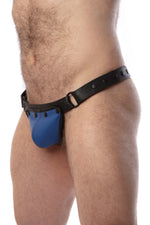 Model wearing a black leather thong with a blue codpiece. Matt black hardware. Side view.