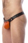 Model wearing a black leather thong with an orange codpiece. Matt black hardware. Side view.