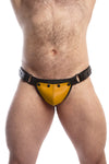 Model wearing a black leather thong with a yellow codpiece. Matt black hardware. Front view.
