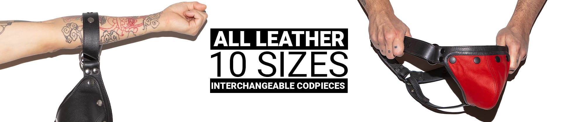 Thongs banner image containing model pictures and text explaining that products are all made from leather, come in 10 different sizes, and feature interchangeable codpieces.