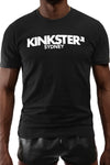 A fit Black model facing forward wearing a black organic cotton ARMY OF MEN "KINKSTER" t-shirt.