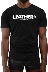 A muscular Black model in a black organic cotton ARMY OF MEN "LEATHER" t-shirt, front facing view.