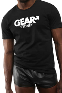 ARMY OF MEN black organic cotton "GEAR SYDNEY" t-shirt styled on a male model, facing forward.