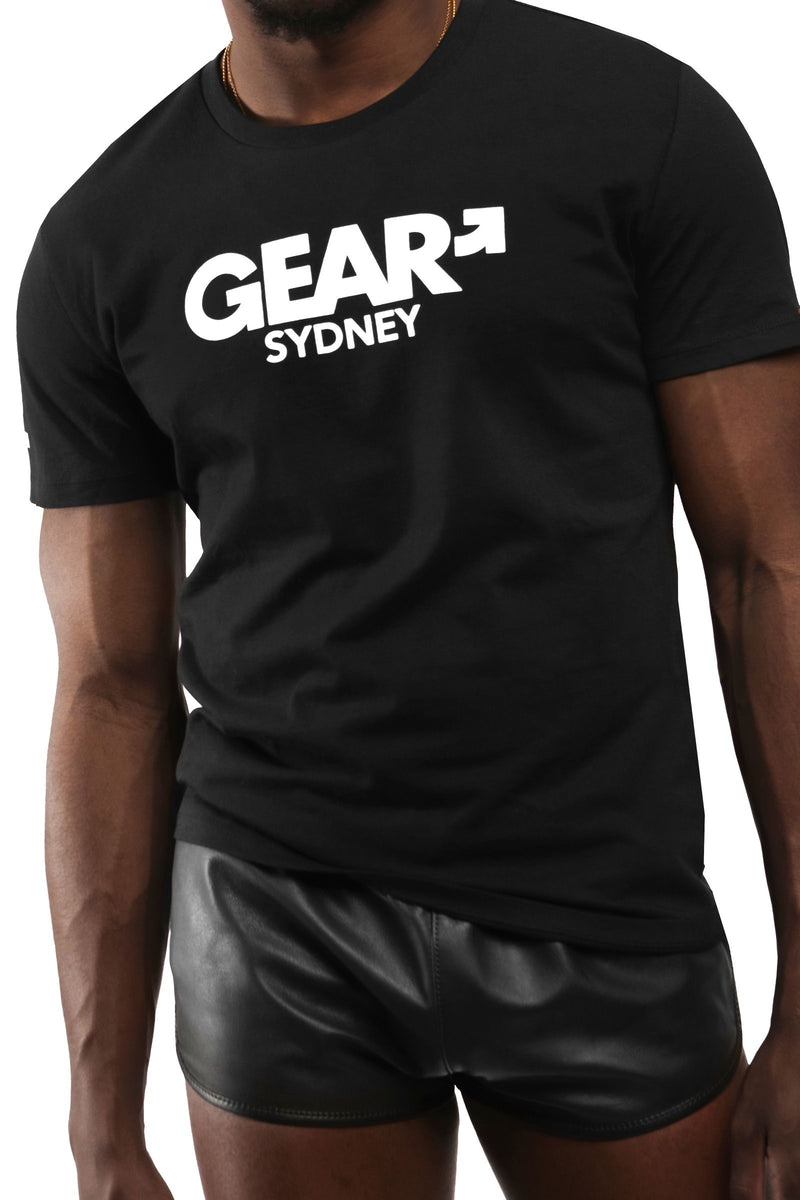 ARMY OF MEN black organic cotton "GEAR SYDNEY" t-shirt styled on a male model, facing forward.