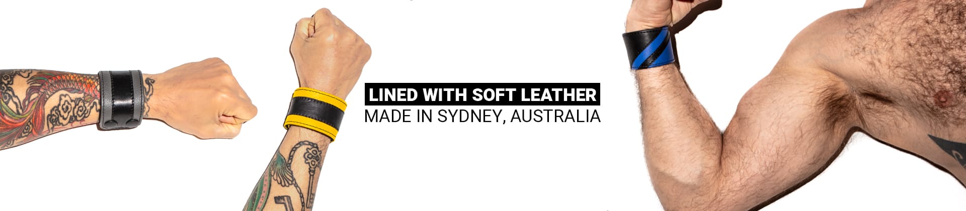 Wristbands banner image containing model pictures and text explaining that products are lined with soft leather and made in Sydney, Australia.