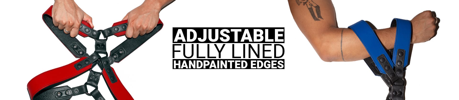 X-Style banner image containing model pictures and text explaining that products are adjustable, fully lined, and feature hand-painted edges.