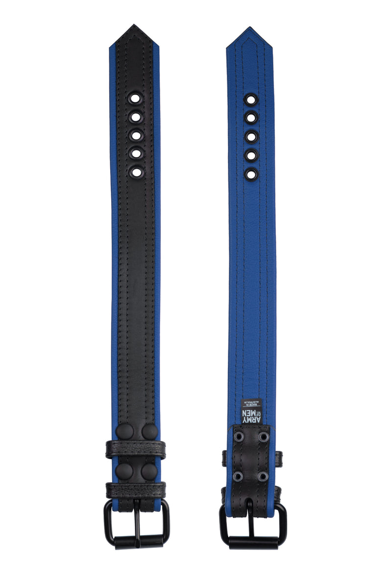 Two 1.5" black and blue leather armband belts with matt black buckles