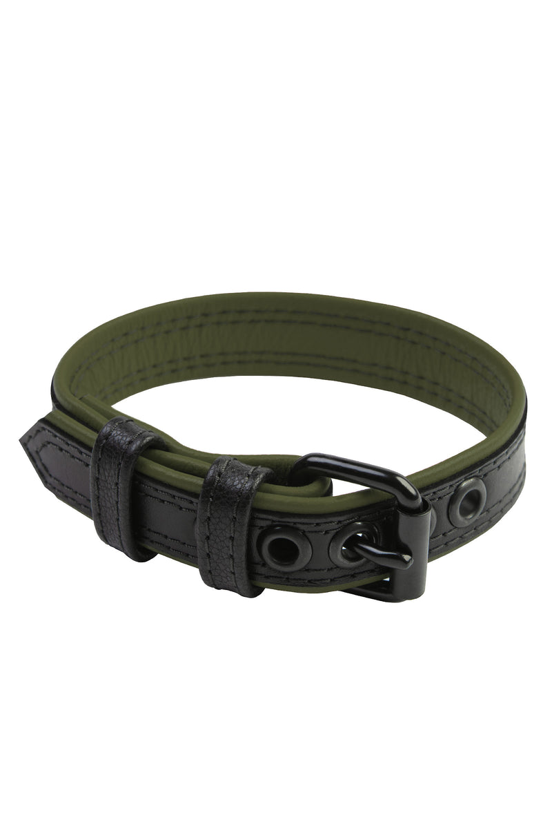 Narrow 1" black and army green leather armband belt with matt black buckle