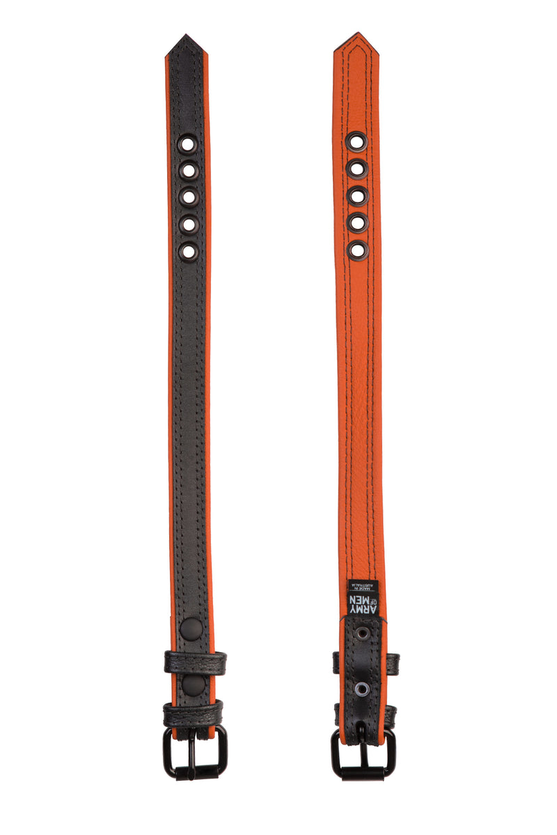 Two narrow 1" black and orange leather armband belts with matt black buckles