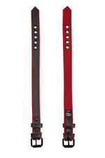 Two narrow 1" black and red leather armband belts with matt black buckles