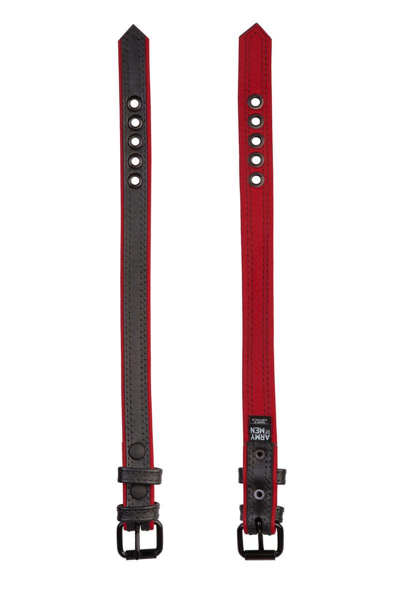 Two narrow 1" black and red leather armband belts with matt black buckles