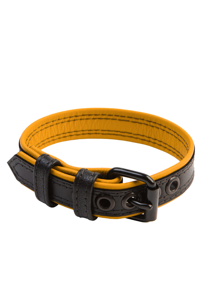 Narrow 1" black and yellow leather armband belt with matt black buckle