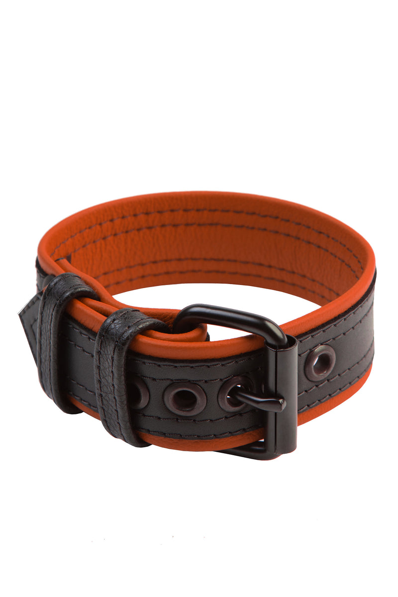 1.5" black and orange leather armband belt with matt black buckle