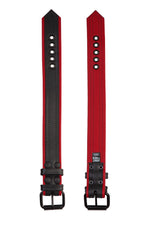 Two 1.5" black and red leather armband belts with matt black buckles