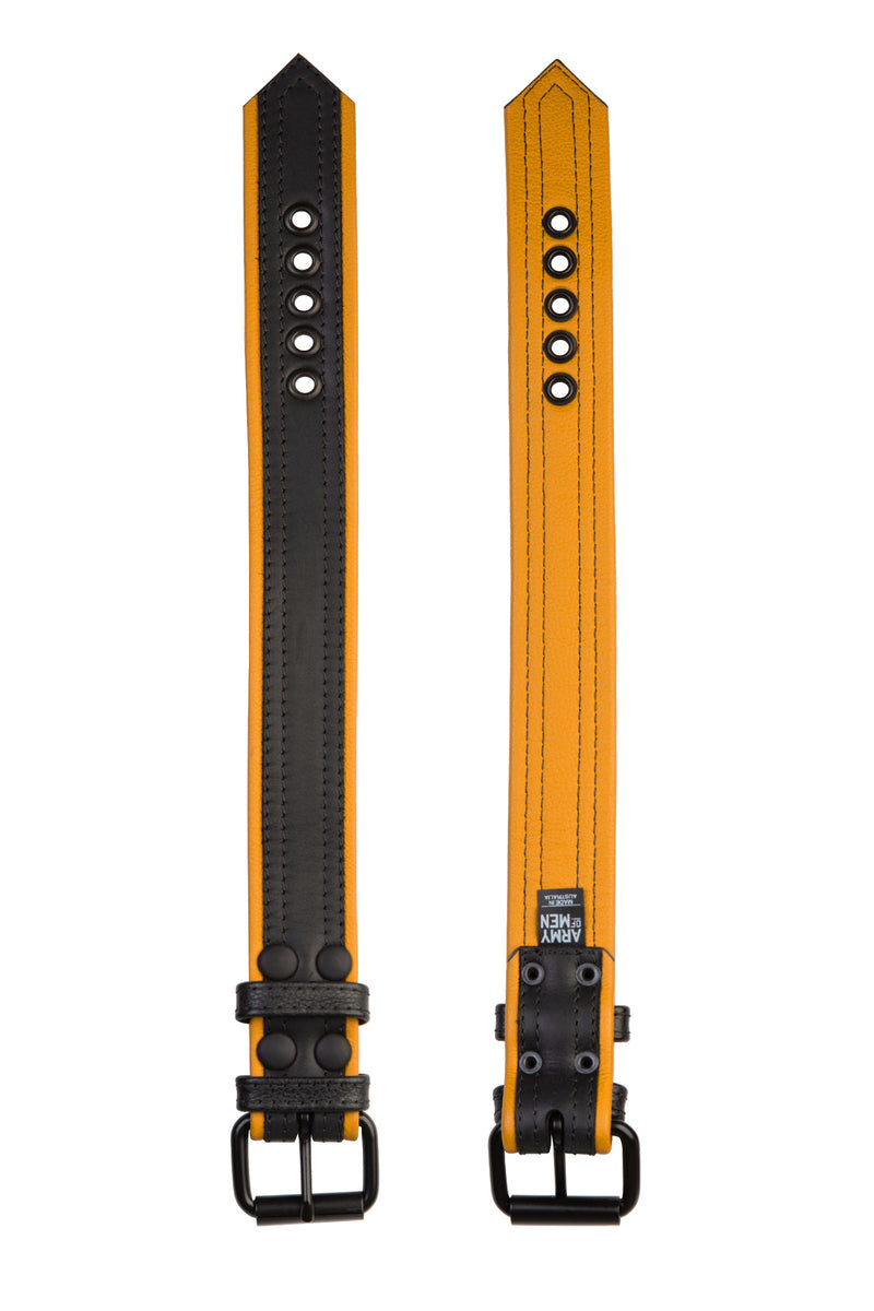 Two 1.5" black and yellow leather armband belts with matt black buckles