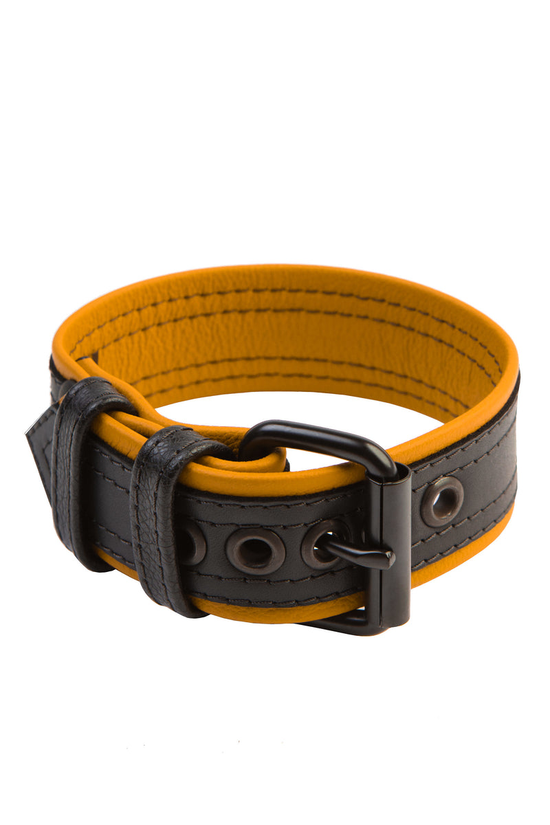 1.5" black and yellow leather armband belt with matt black buckle