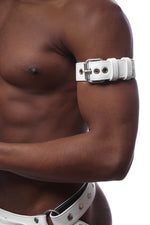 Model wearing a white leather armband belt with stainless steel buckle