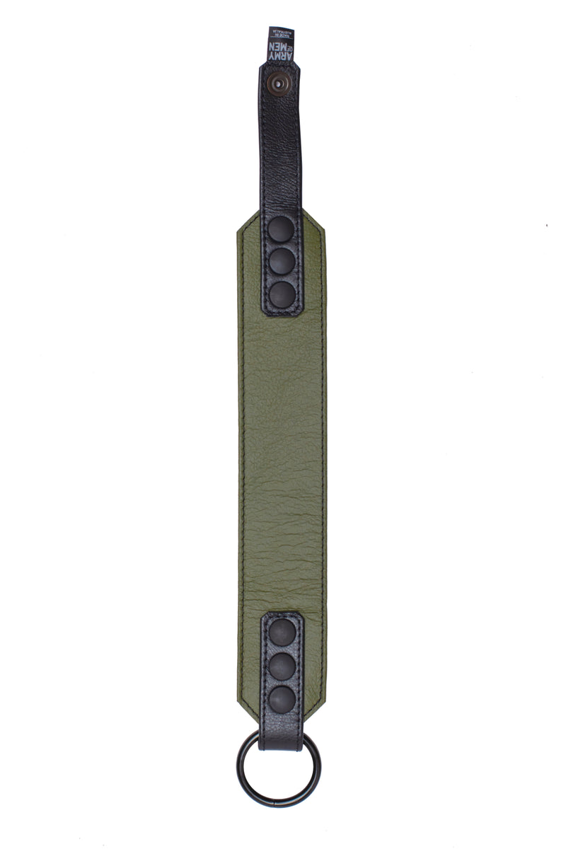 An army green leather armband with black metal O-ring