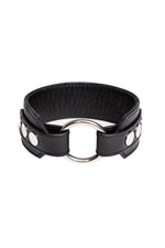 A black leather armband with stainless steel O-ring