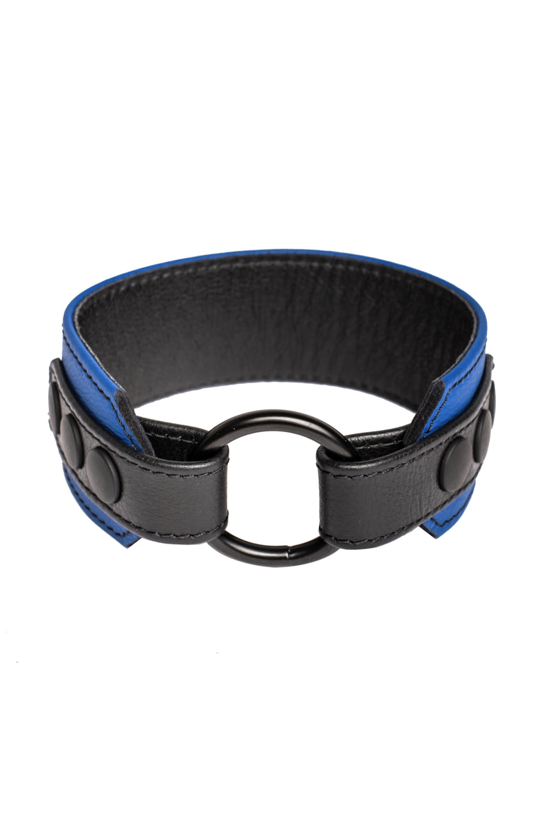 A blue leather armband with black metal O-ring