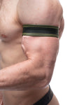 Model wearing a 1.5" army green leather armband with black racing stripe detail.