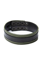 1.5" wide army green leather armband with black racer stripe detail