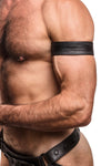 Model wearing black leather racer stripe armband