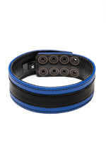 1.5" wide blue leather armband with black racer stripe detail