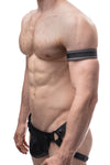 Model wearing a 1.5" grey leather armband with black racing stripe detail.