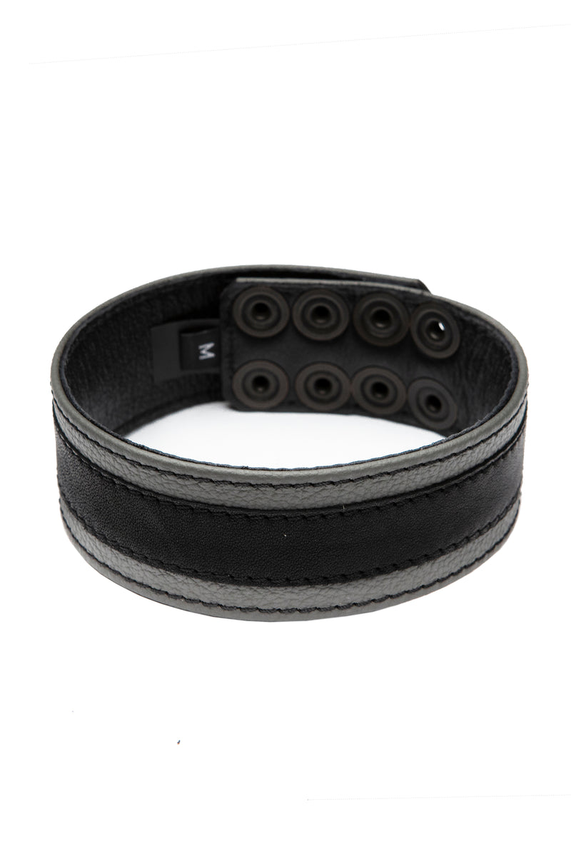 1.5" wide grey leather armband with black racer stripe detail