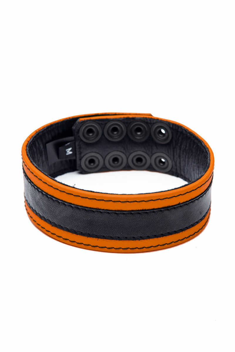 1.5" wide orange leather armband with black racer stripe detail