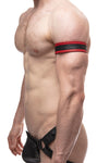 Model wearing a 1.5" red leather armband with black racing stripe detail.