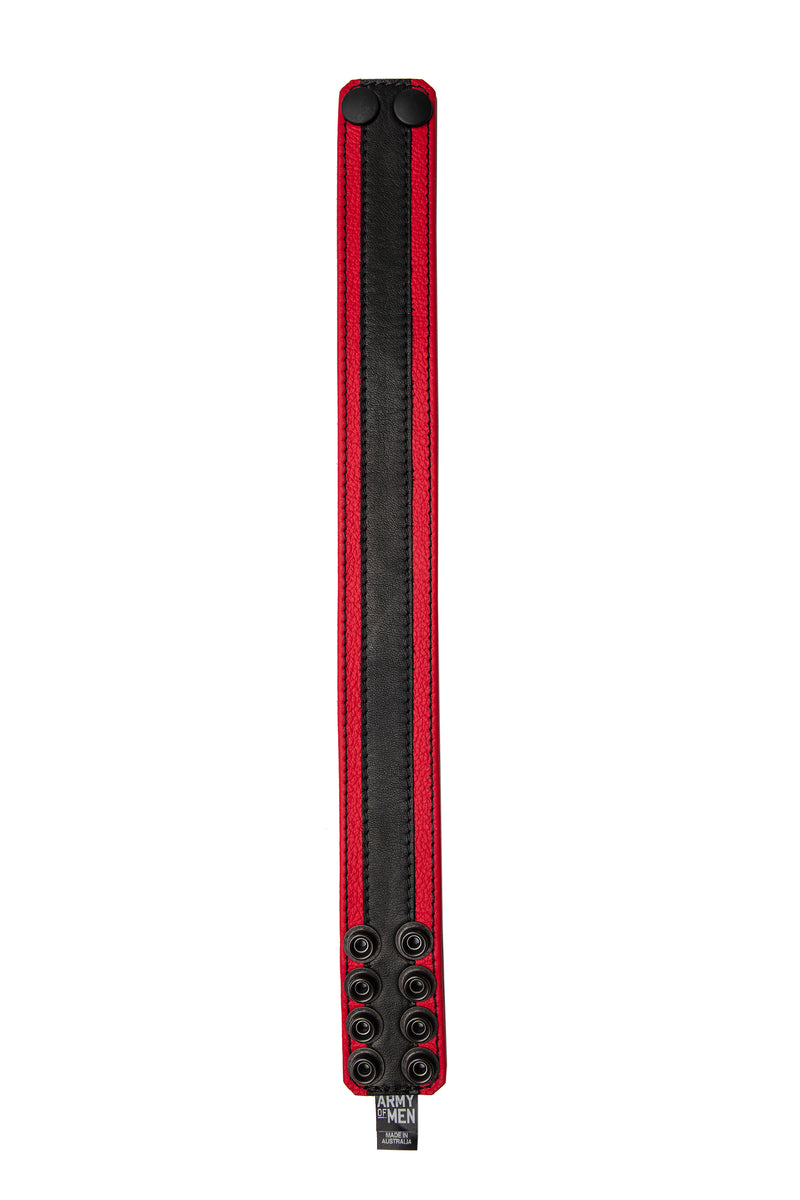 1.5" wide red leather armband with black racer stripe detail