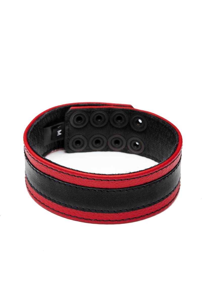 1.5" wide red leather armband with black racer stripe detail
