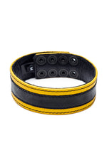 1.5" wide yellow leather armband with black racer stripe detail