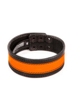 1.5" wide black leather armband with fluro orange leather racer stripe
