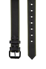 1.5" wide black and army green men's leather belt with double stitching detail and matt black buckle and hardware. Flat view.