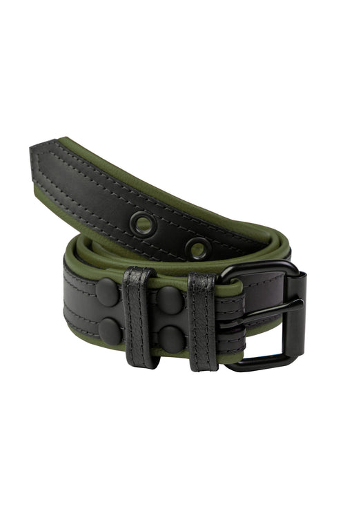 1.5" wide black and army green men's leather belt with double stitching detail and matt black buckle and hardware