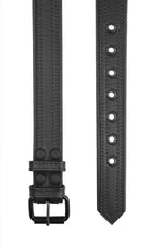 1.5" wide black men's leather belt with double stitching detail and matt black buckle and hardware flat view