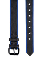 1.5" wide black and blue men's leather belt with double stitching detail and matt black buckle and hardware. Flat view.